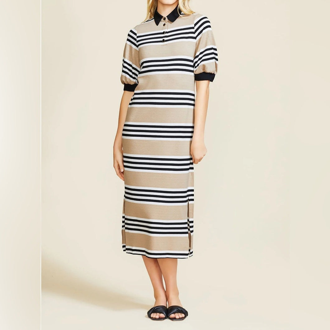 Pearl by Lela Rose Striped Jersey Knit Button Collar Midi Shirt Dress (XS)