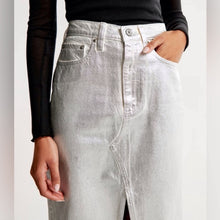 Load image into Gallery viewer, NWT Abercrombie &amp; Fitch High Rise Metallic Silver Denim Midi Skirt (30) or (10)
