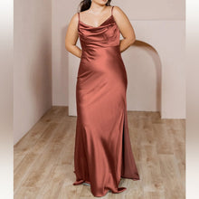 Load image into Gallery viewer, NWT Revelry Skye Satin Cinnamon Rose Cowl Neck Maxi Bridesmaid Dress (10)
