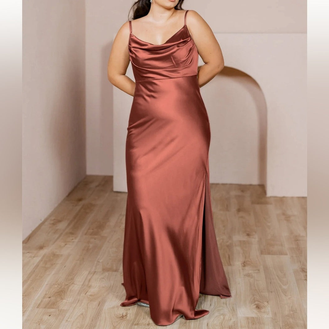 NWT Revelry Skye Satin Cinnamon Rose Cowl Neck Maxi Bridesmaid Dress (10)