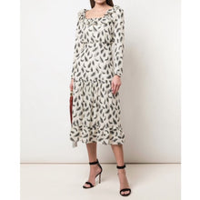 Load image into Gallery viewer, Saloni Abstract Feather Print Long Sleeve Ruffle Midi Dress (6)
