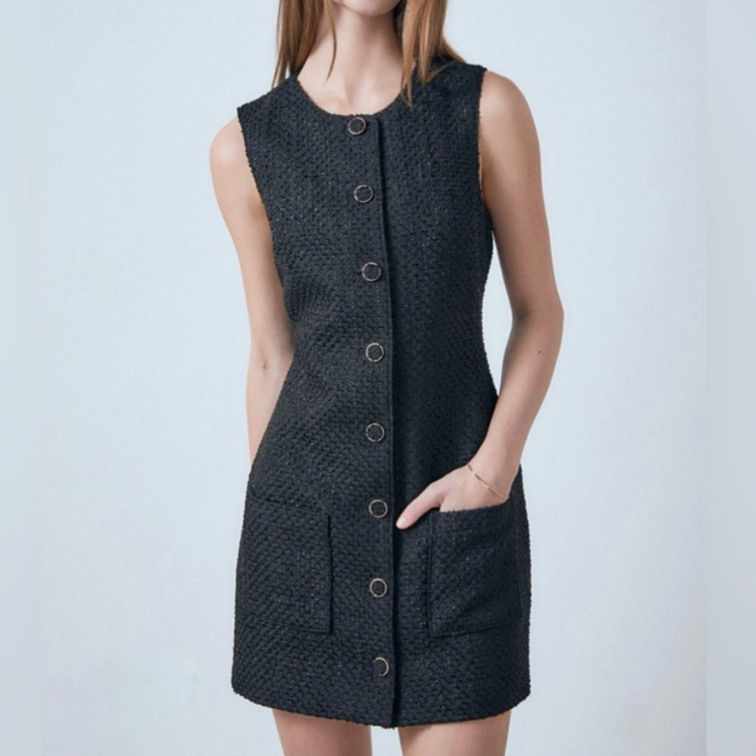 NWT Endless Rose Tweed Button-Front Patch Pocket Sleeveless Mini Dress (Medium)