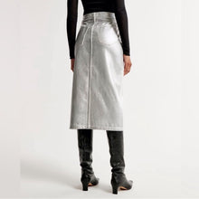 Load image into Gallery viewer, NWT Abercrombie &amp; Fitch High Rise Metallic Silver Denim Midi Skirt (30) or (10)
