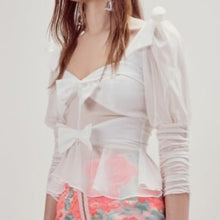 Load image into Gallery viewer, For Love &amp; Lemons Royale Bow Sheer Puff Sleeve Peplum Top (Small)
