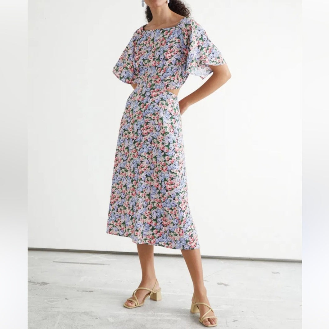 & Other Stories Floral Print Cut Out Flutter Sleeve Midi Dress (0)