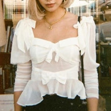 Load image into Gallery viewer, For Love &amp; Lemons Royale Bow Sheer Puff Sleeve Peplum Top (Small)

