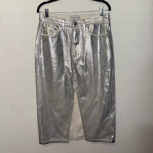 Load image into Gallery viewer, NWT Abercrombie &amp; Fitch High Rise Metallic Silver Denim Midi Skirt (30) or (10)
