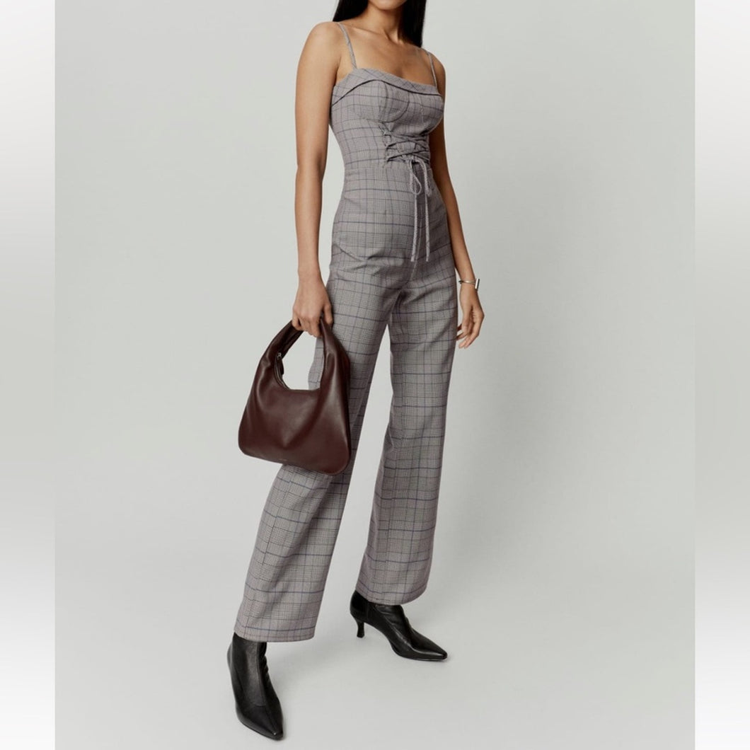 NWT Reformation Cameran Plaid Corset Lace-Up Straight Leg Jumpsuit (6)