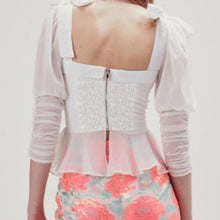 Load image into Gallery viewer, For Love &amp; Lemons Royale Bow Sheer Puff Sleeve Peplum Top (Small)
