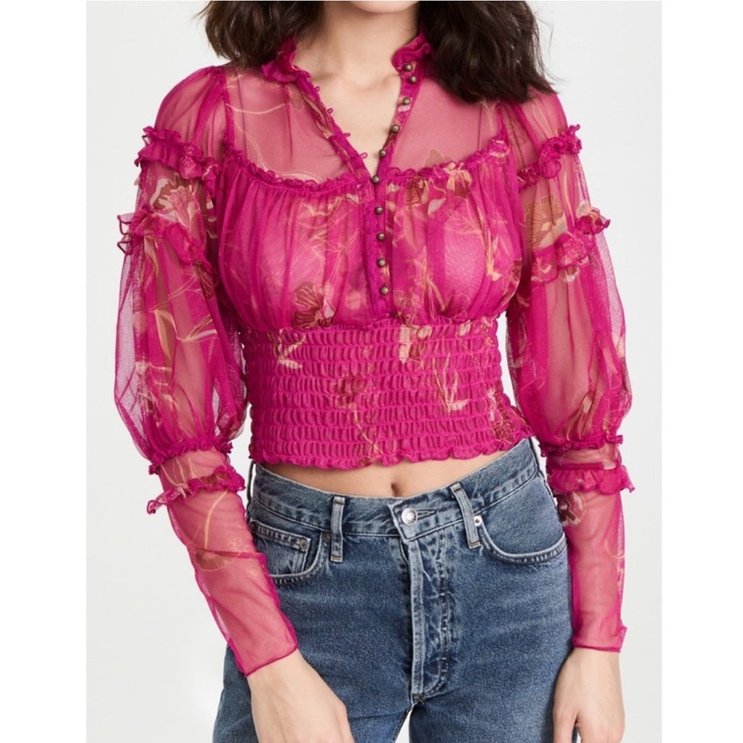 NWT Free People Time For Shine Smocked Puff Sleeve Balloon Sleeve Top (Small)