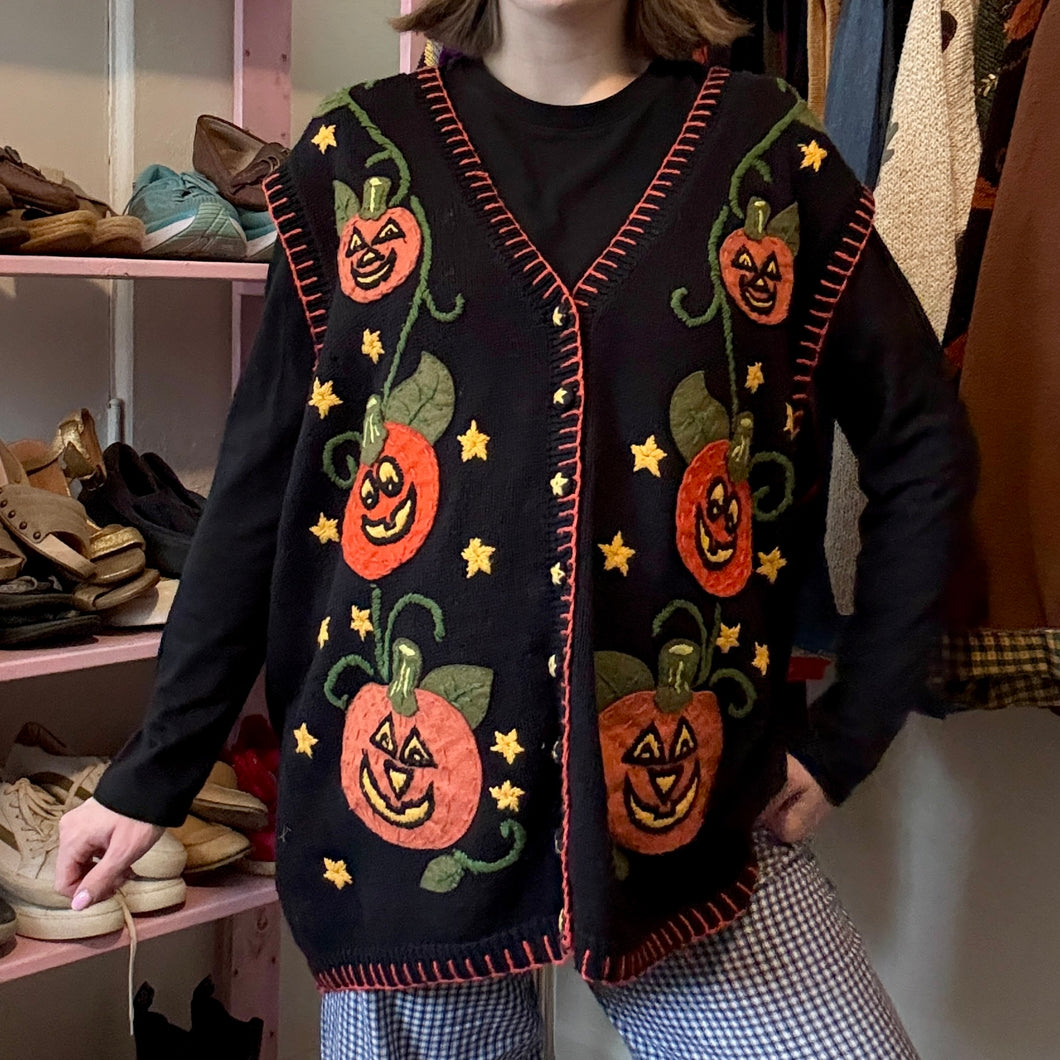Vintage Fall Jack-O-Lantern Pumpkin Button-Up Sweater Vest (2X) - (3X)