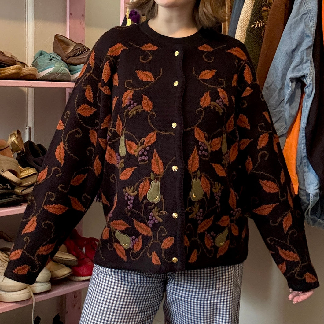 Vintage Fall Leaf Button-Front Cardigan Sweater (Large)