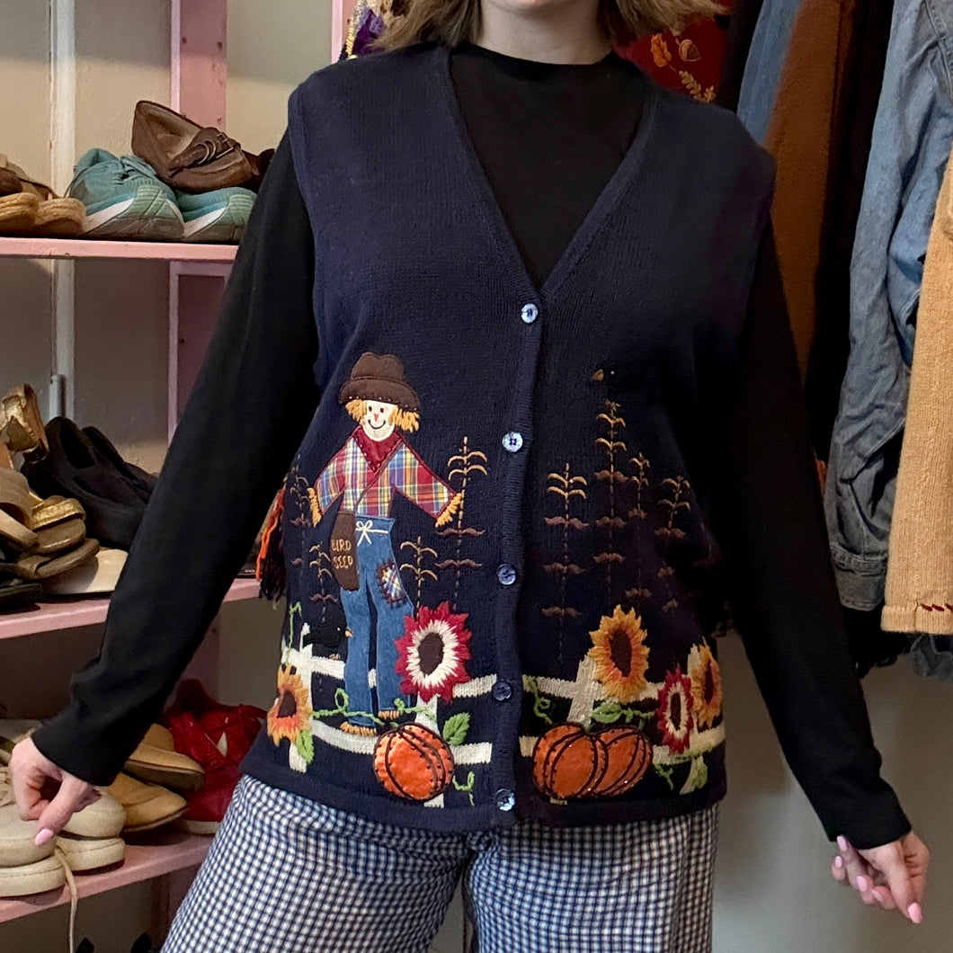 Vintage Scarecrow Pumpkin Fall Sweater Vest (Medium)