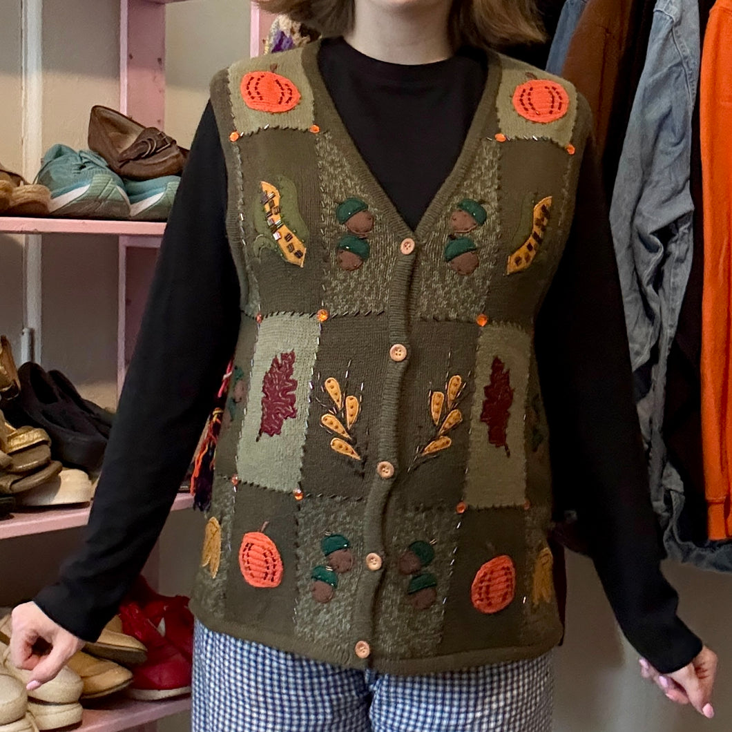 Vintage Fall Leaf Pumpkin Beaded Button-Front Sweater Vest (Small)