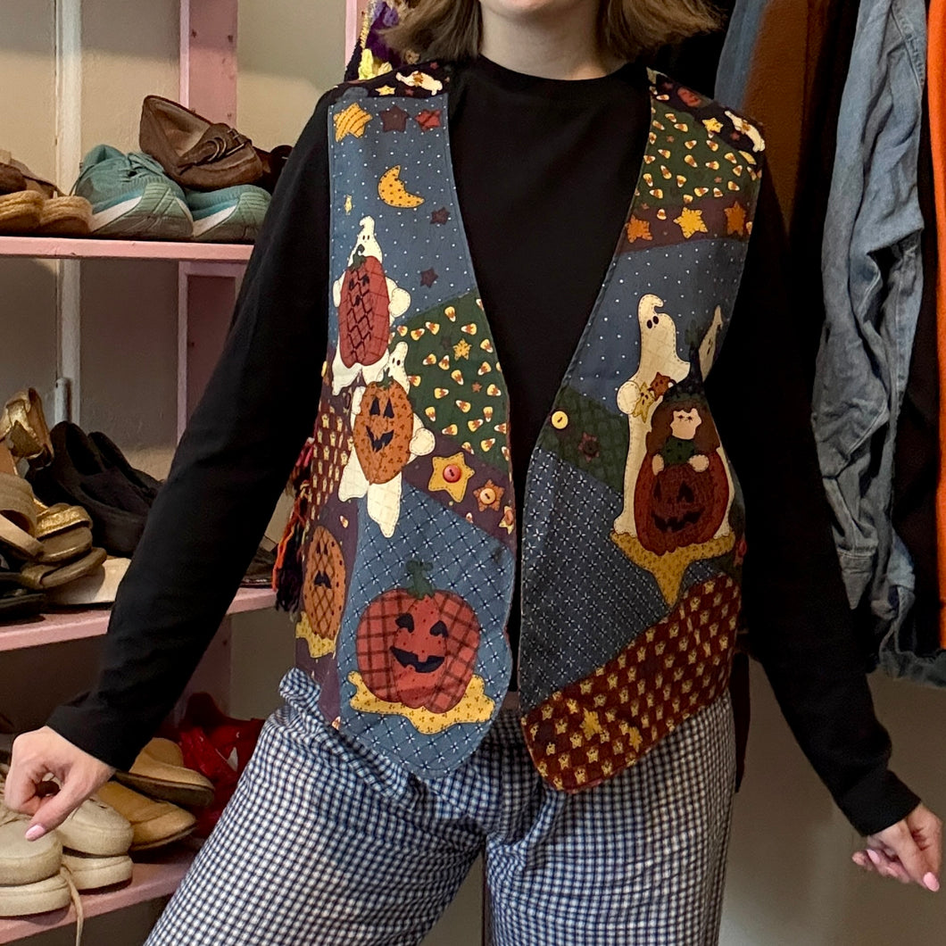 Vintage Halloween Pumpkin Ghost Witch Open-Front Vest (Medium) - (Large)