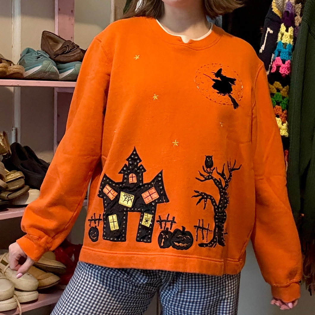 Y2K Halloween Haunted House Beaded Sweatshirt (Large)