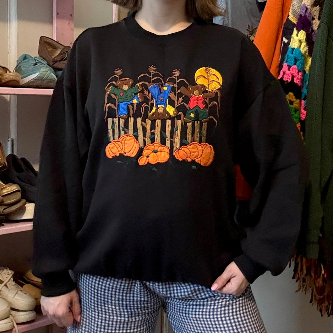 Vintage Halloween Fall Bear Scarecrow Graphic Sweatshirt (Medium) - (Large)