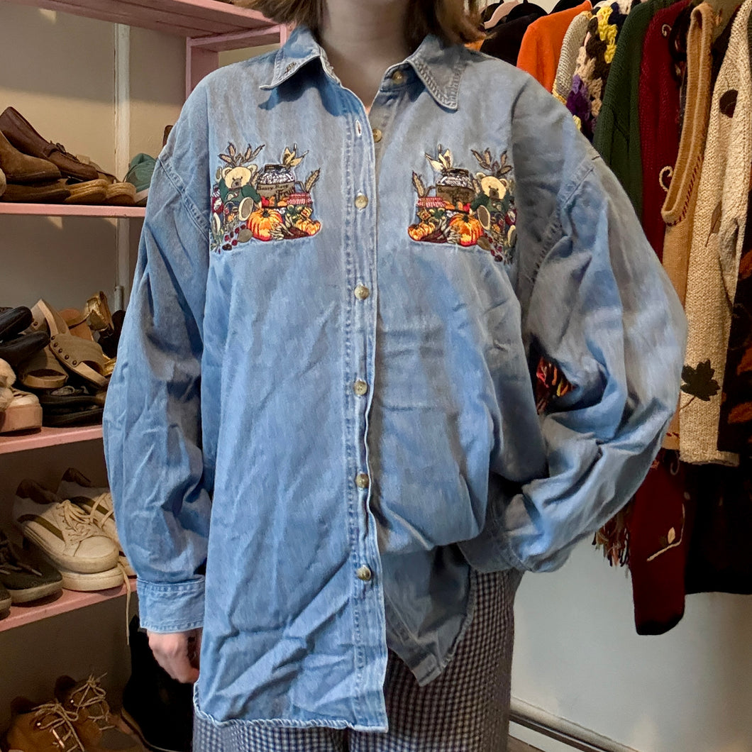 Vintage Denim Bear Fall Harvest Embroidered Button-Down Top (XXL)