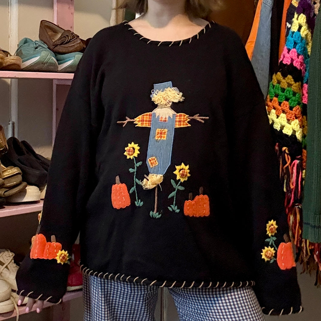 Vintage Scarecrow Embroidered Pumpkin Sunflower Sweater (XL) - (XXL)