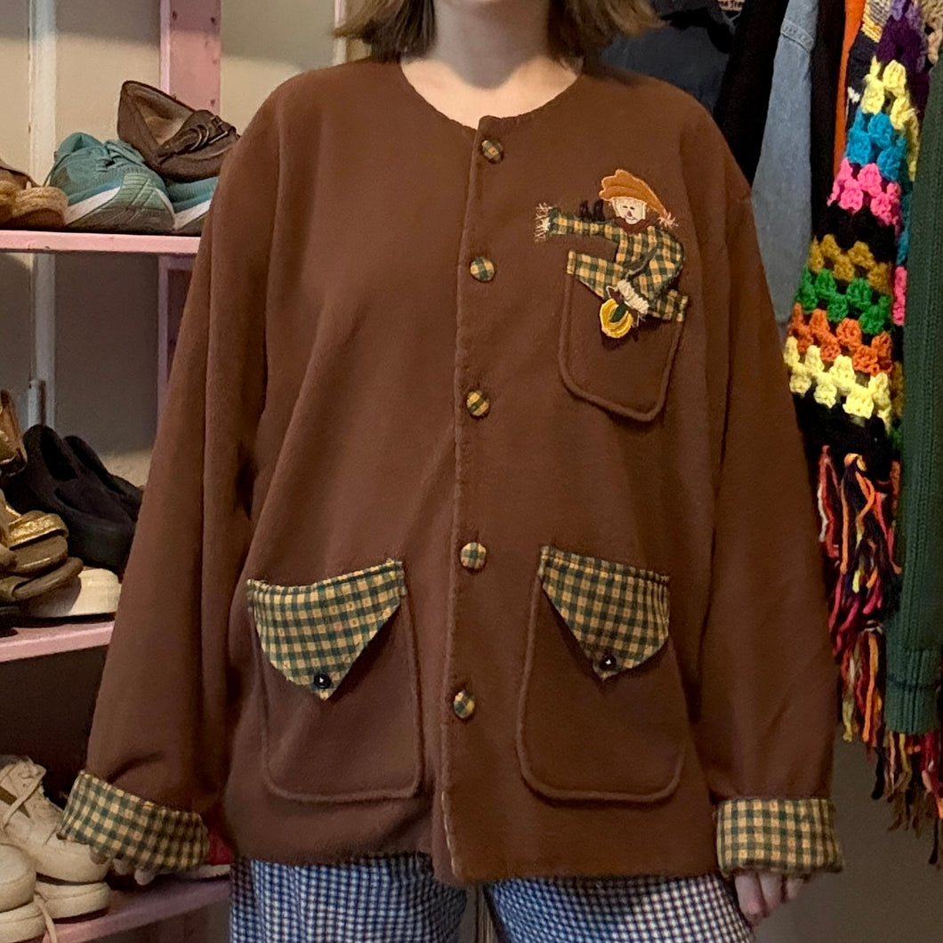 Vintage Handmade Scarecrow Fleece Button-Front Cardigan Jacket (XL) *Flawed*