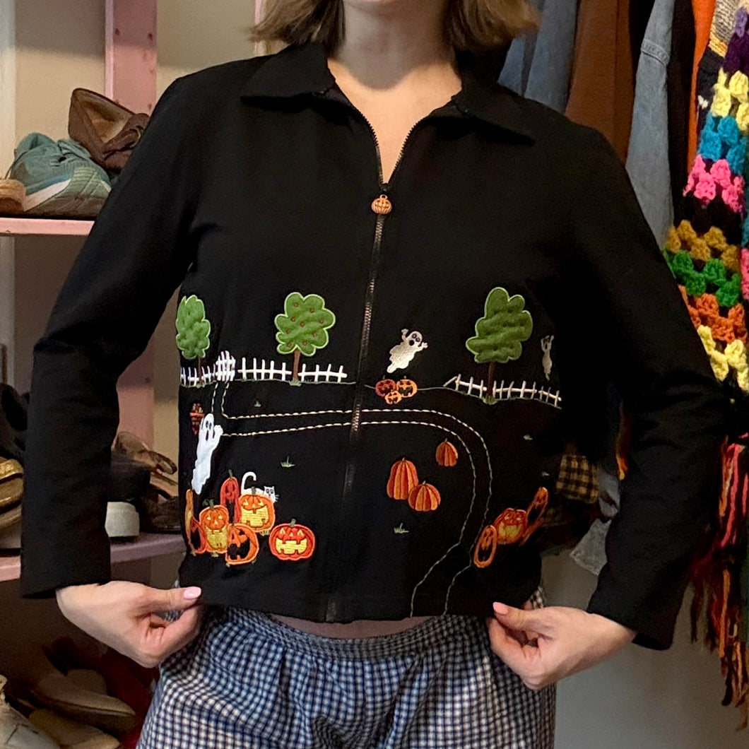 Y2K Halloween Ghost Pumpkin Full-Zip Cropped Jacket (Small)