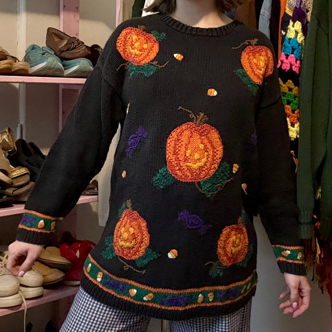 Vintage Halloween Pumpkin Jack-O-Lantern Chunky Sweater (Medium) - (Large)