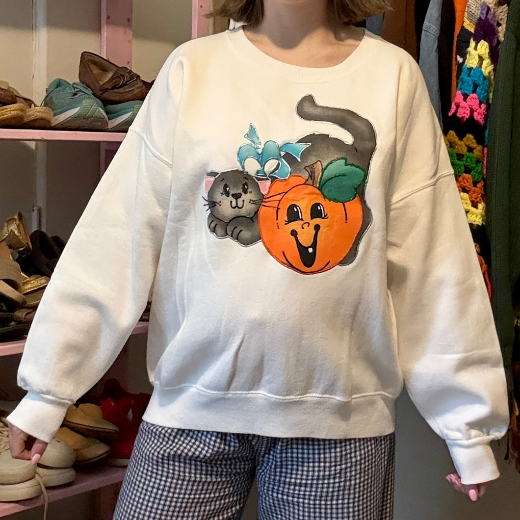 Vintage Puff Paint Pumpkin Cat Jack-O-Lantern Halloween Sweatshirt (Large)