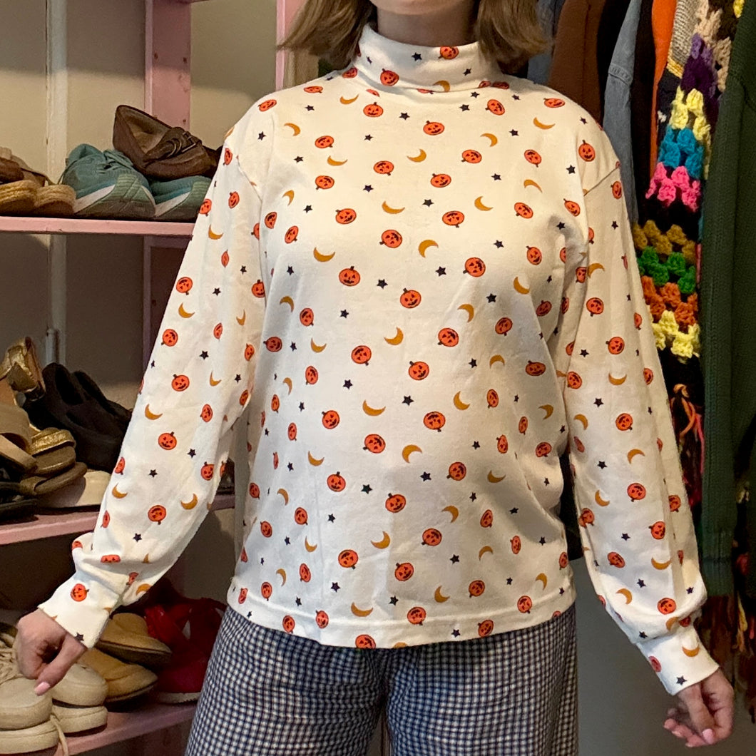 Viintage Jack-O-Lantern Graphic Print Long Sleeve Turtleneck Top (Medium) - (Large)