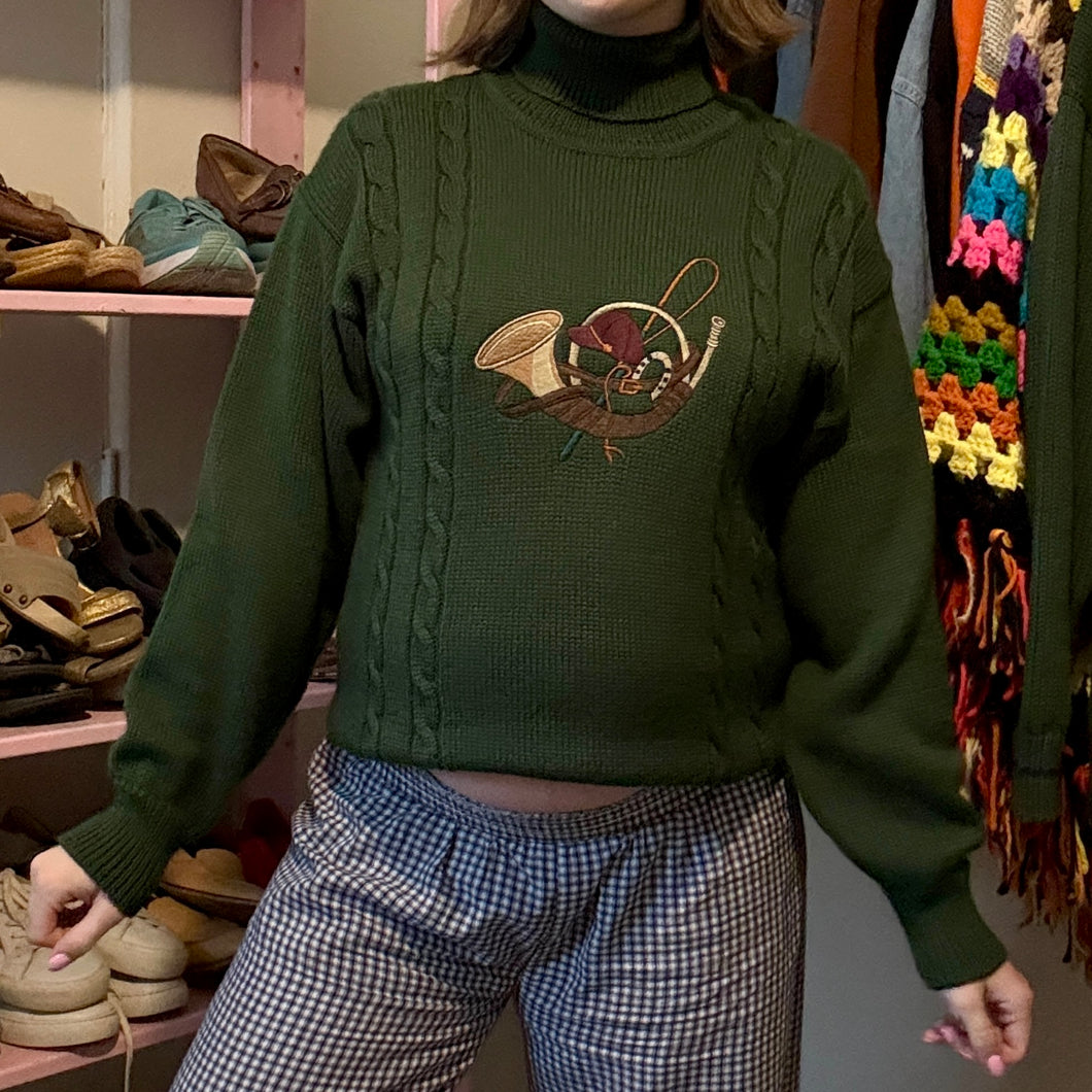 Vintage Equestrian Polo Embroidered Cable Knit Turtleneck Sweater (XS) - (Small)