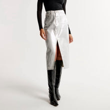 Load image into Gallery viewer, NWT Abercrombie &amp; Fitch High Rise Metallic Silver Denim Midi Skirt (30) or (10)
