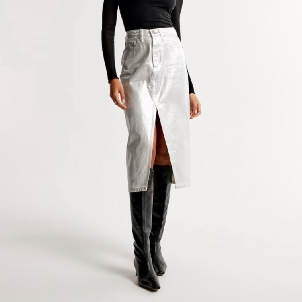 NWT Abercrombie & Fitch High Rise Metallic Silver Denim Midi Skirt (30) or (10)