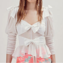 Load image into Gallery viewer, For Love &amp; Lemons Royale Bow Sheer Puff Sleeve Peplum Top (Small)
