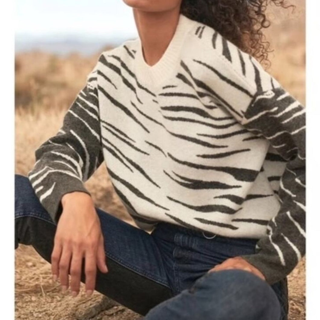 Rails Lana Wool Cashmere Tiger Print Crewneck Sweater (Medium)