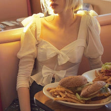 Load image into Gallery viewer, For Love &amp; Lemons Royale Bow Sheer Puff Sleeve Peplum Top (Small)
