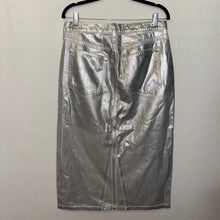 Load image into Gallery viewer, NWT Abercrombie &amp; Fitch High Rise Metallic Silver Denim Midi Skirt (30) or (10)
