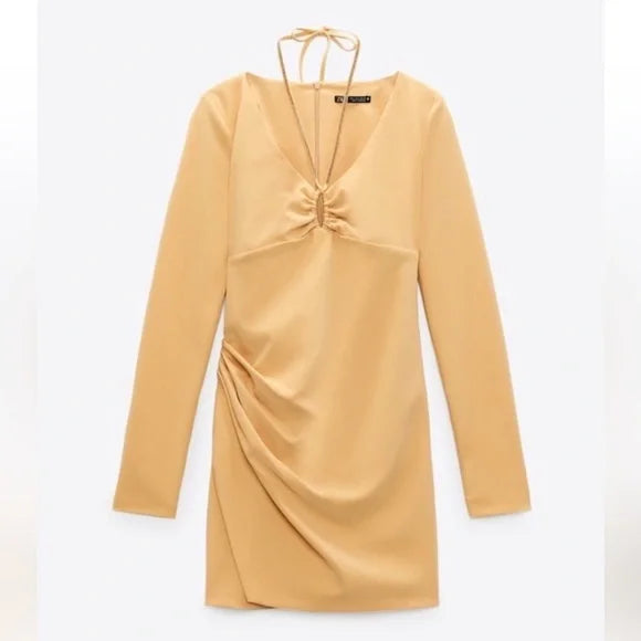 Zara Draped Wrap Jeweled Bow Tie Keyhole Long Sleeve Mini Dress (Small)