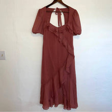Load image into Gallery viewer, NWT Wayf Metallic Square Neck Puff Sleeve Open Back Ruffle Midi Dress (Medium)
