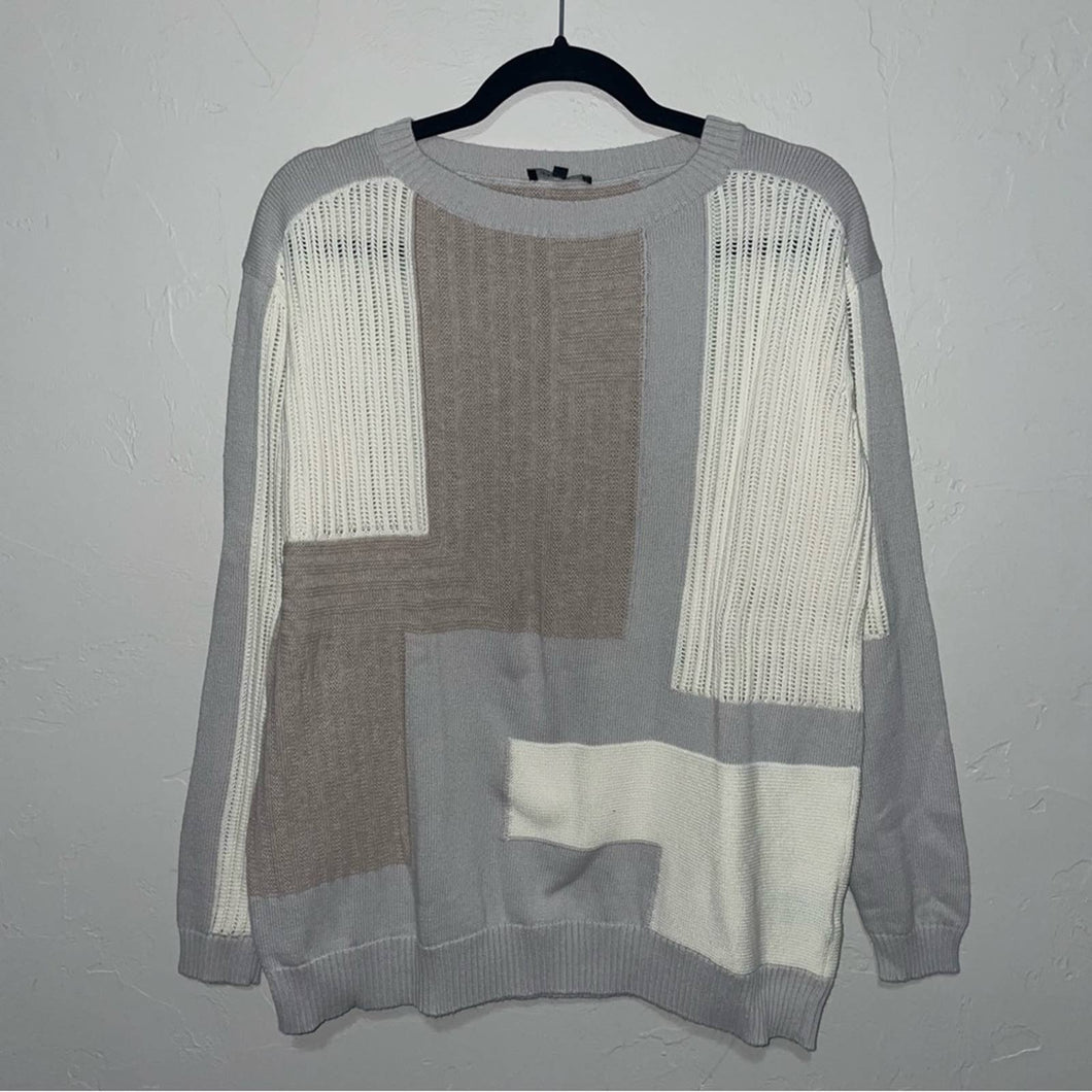 Lafayette 148 Patchwork Neutral Cotton Crewneck Sweater (Medium)
