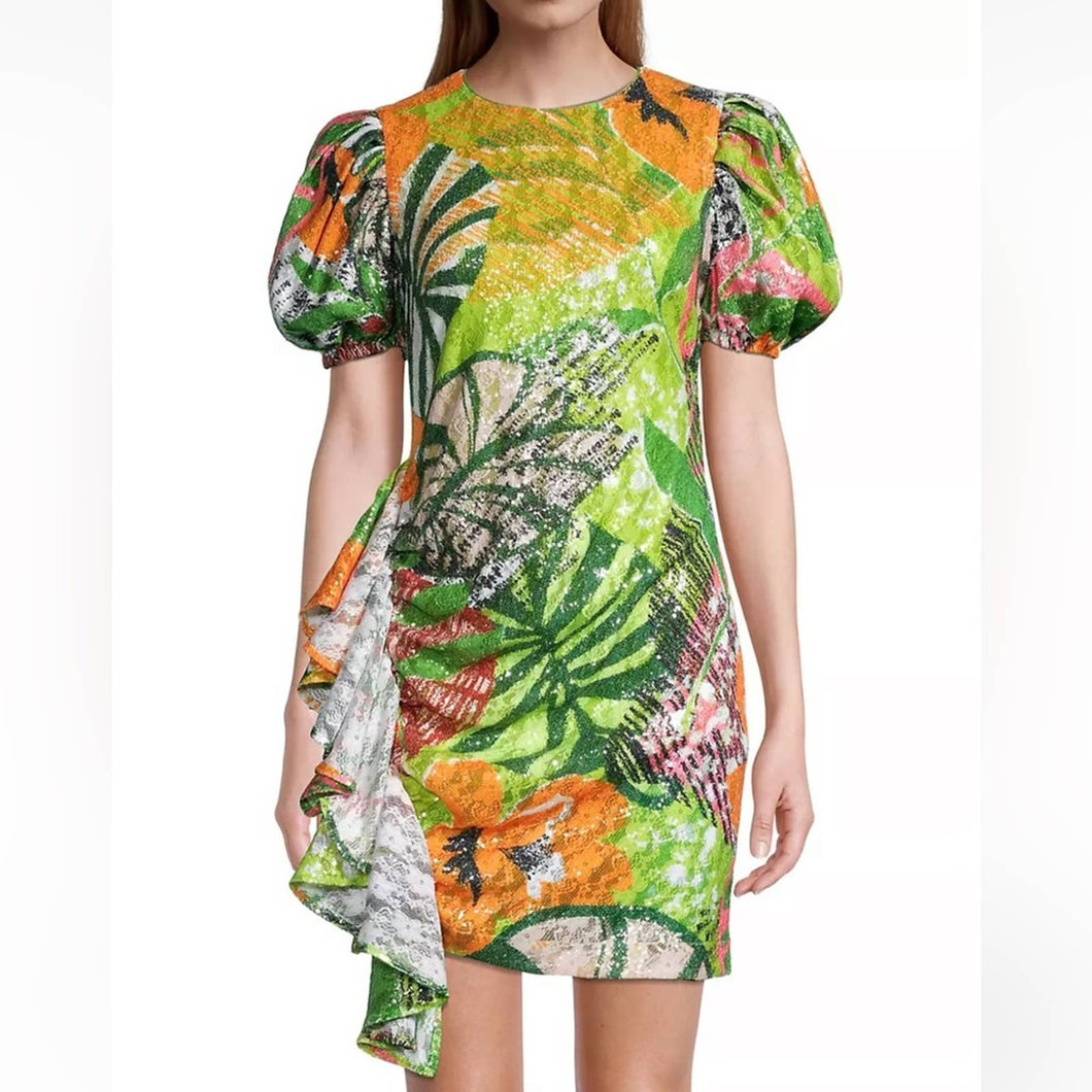 One33 Social Tropical Sequin Side Drape Puff Sleeve Mini Dress (10)