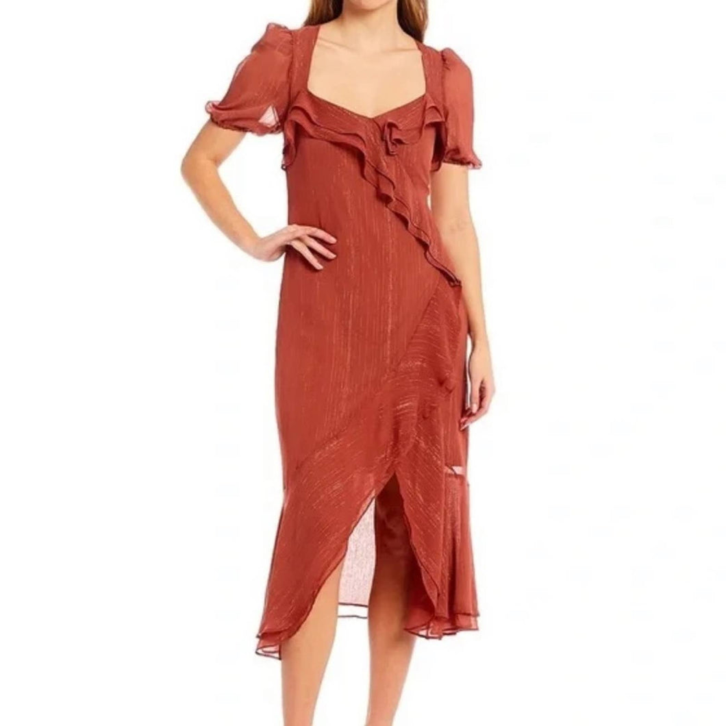 NWT Wayf Metallic Square Neck Puff Sleeve Open Back Ruffle Midi Dress (Medium)