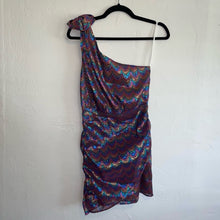 Load image into Gallery viewer, Song of Style Revolve One Shoulder Bow Metallic Rainbow Ruched Mini Dress
