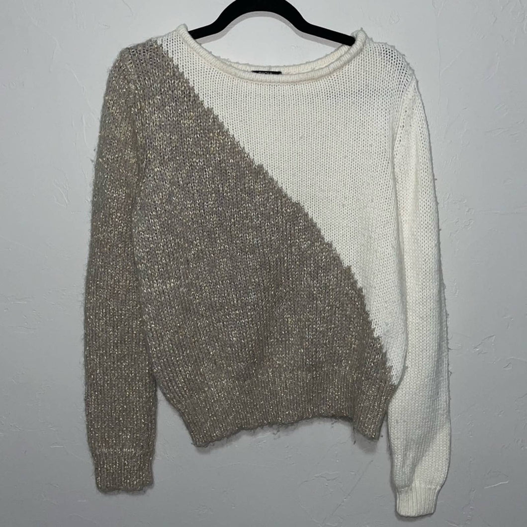 Raoul Wool Chunky Knit Metallic Gold Cream Crew Neck Sweater (Medium)