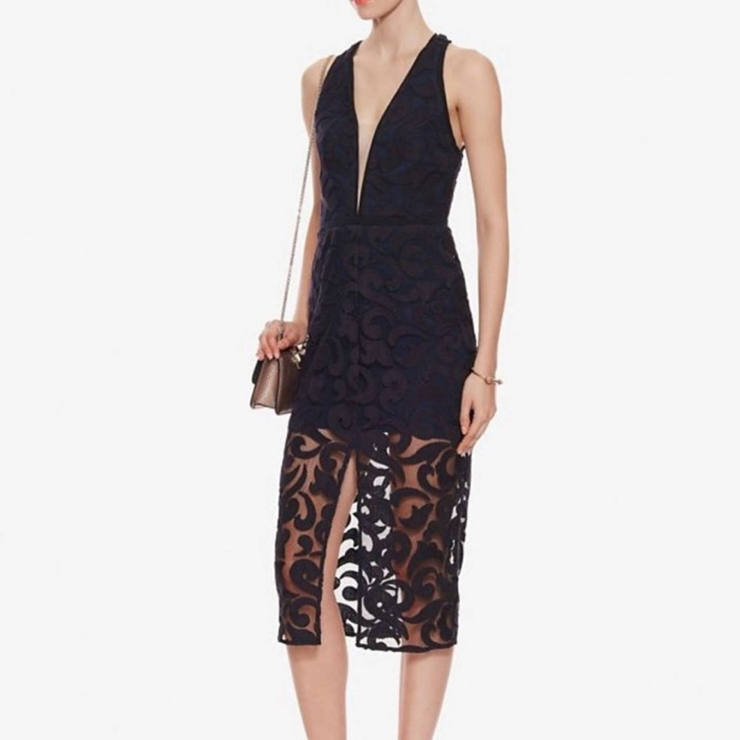 Manning Cartell Lace V-Neck Sheath Cocktail Midi Dress (Medium)
