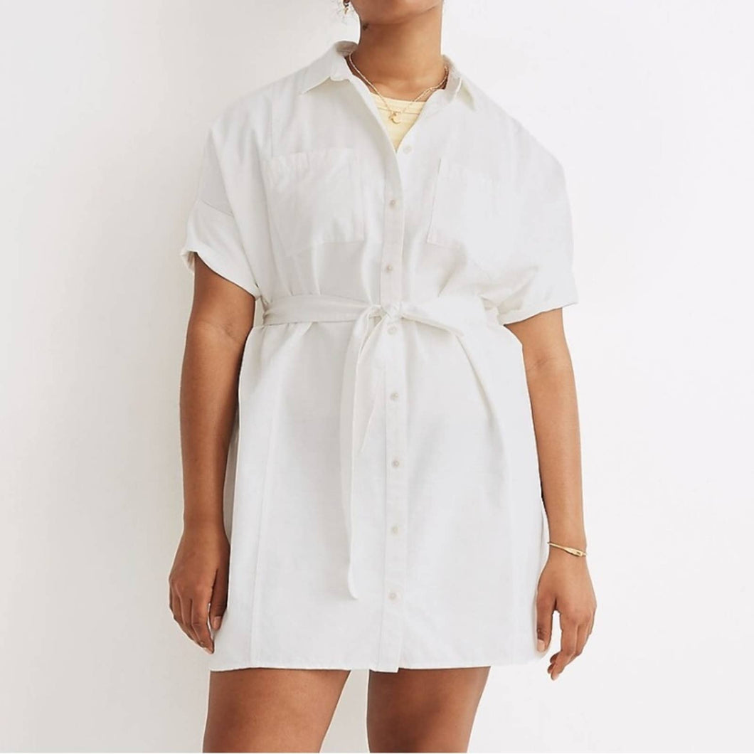 Madewell Seamed Courier Tie Waist Button-Down White Denim Mini Shirt Dress (XS)