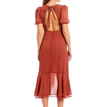 Load image into Gallery viewer, NWT Wayf Metallic Square Neck Puff Sleeve Open Back Ruffle Midi Dress (Medium)
