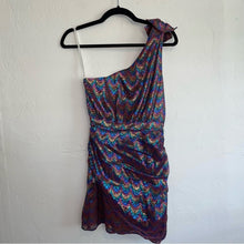 Load image into Gallery viewer, Song of Style Revolve One Shoulder Bow Metallic Rainbow Ruched Mini Dress
